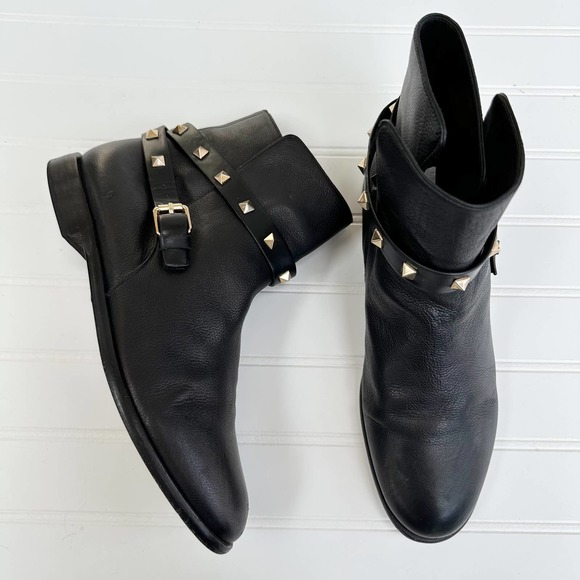 Valentino Rockstud Ankle Bootie Studded Strap Leather Chelsea Flat Boots - Picture 11 of 13